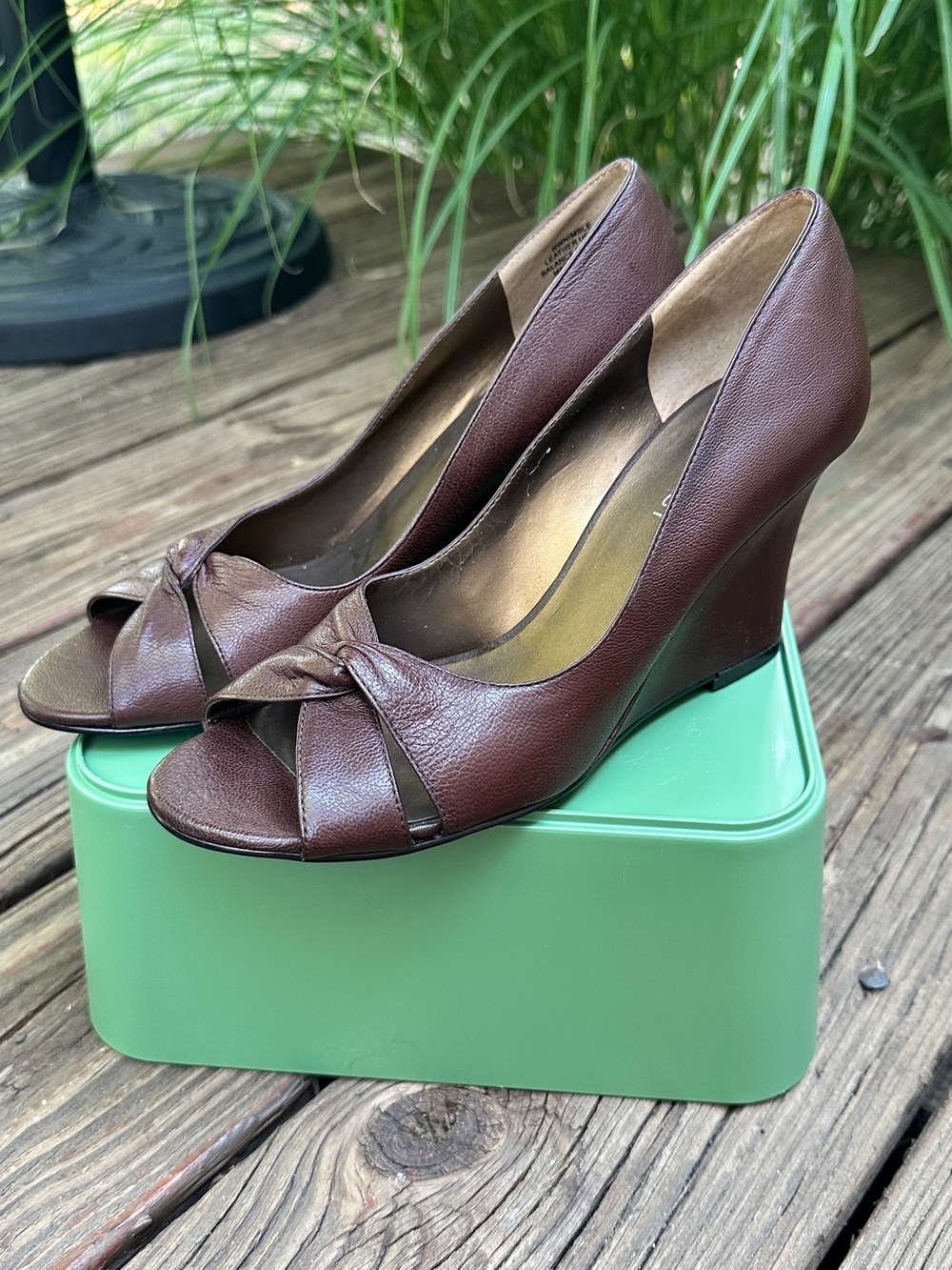 Nine West Brown Peep-Toe Wedge Pumps